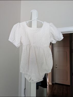 White Textured Puff-Sleeve Romper